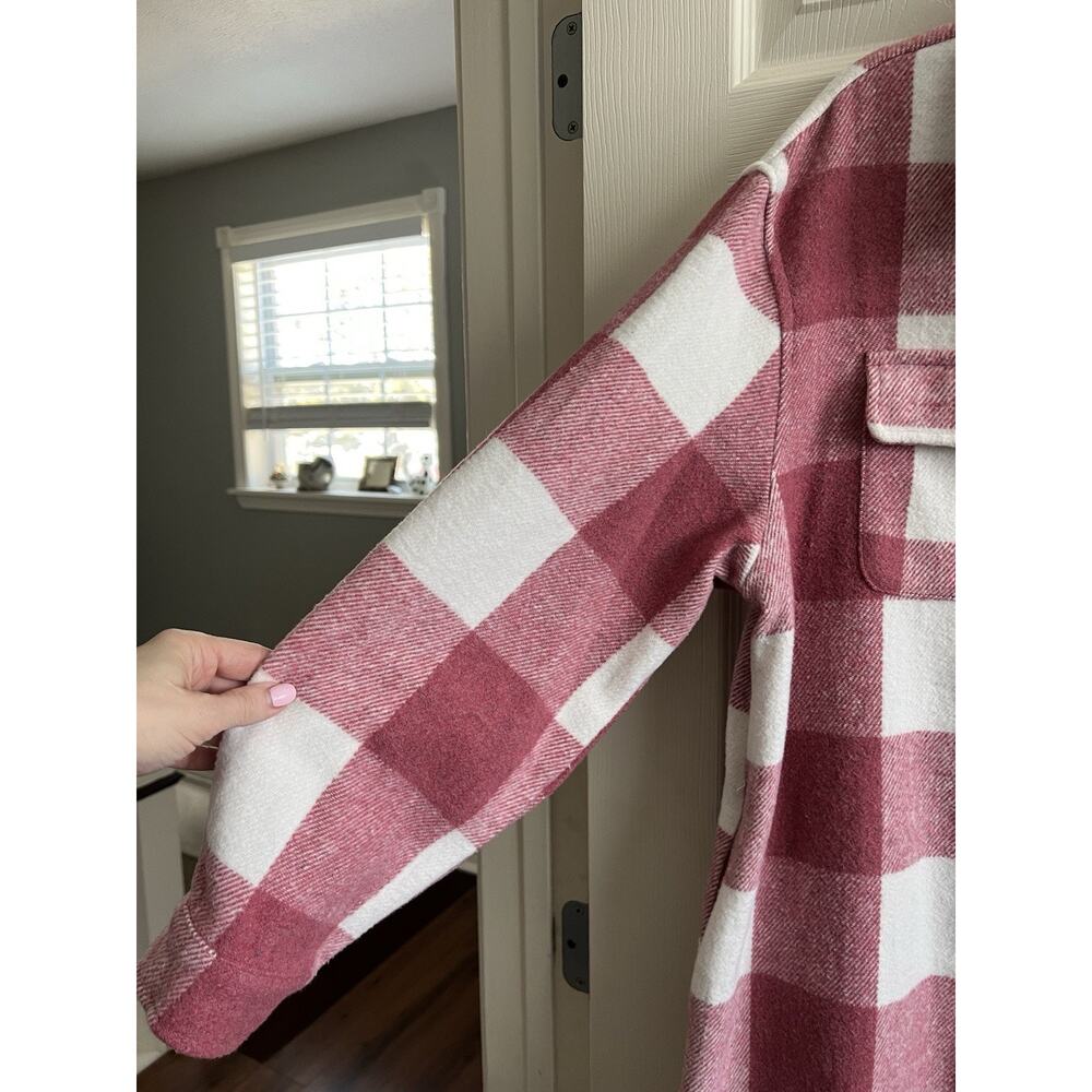Pink White Plaid Check Buffalo Print Flannel Midi Button Long Shacket Jacket XL - Picture 4 of 11